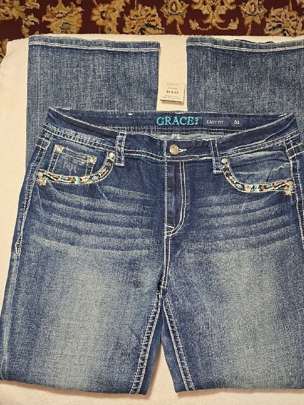 Grace in LA Western Steerhead Feather Embroidered Bootcut Jeans 31 - Picture 3 of 7